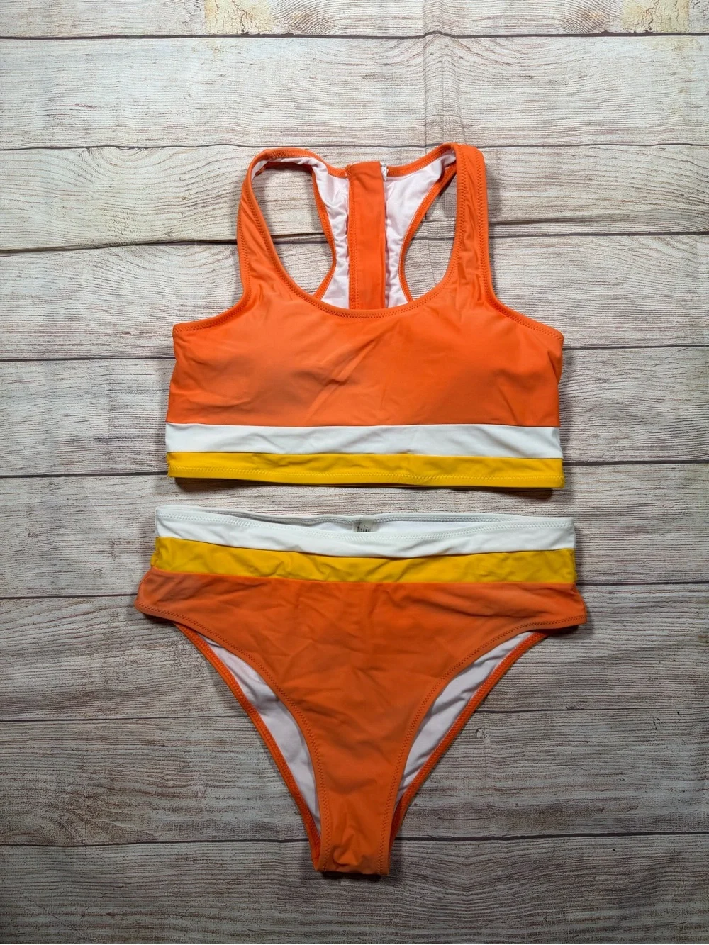 Orange Two-Piece Women's Sporty Bikini Swim Set with White and Yellow Stripes‎